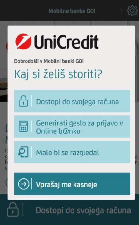 Prvi vstop v aplikacijo Mobilna banka GO!